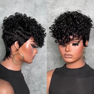 Peluca de corte pixie corto de onda rizada cabello humano para mujeres negras hecha a máquina completa con... Foto 1 de 4