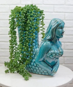 Große Keramik verwitterte Meerjungfrau Türkis Übertopf Skulptur Vase Ozean mythisch - Bild 1 von 7