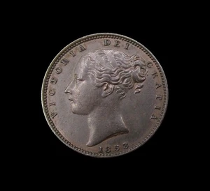 VICTORIA 1853 COPPER YOUNG HEAD FARTHING - W.W RAISED - Picture 1 of 2