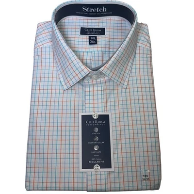 Club Room 男式标准版 Letto 格子正装衬衫橙色浅绿色 18.5 34-35 60 美元 — 第 1/4 张图片