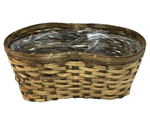 Peanut Shaped Basket Two Toned Woven Wicker Rattan With Liner Vintage - Picture 1 of 9
