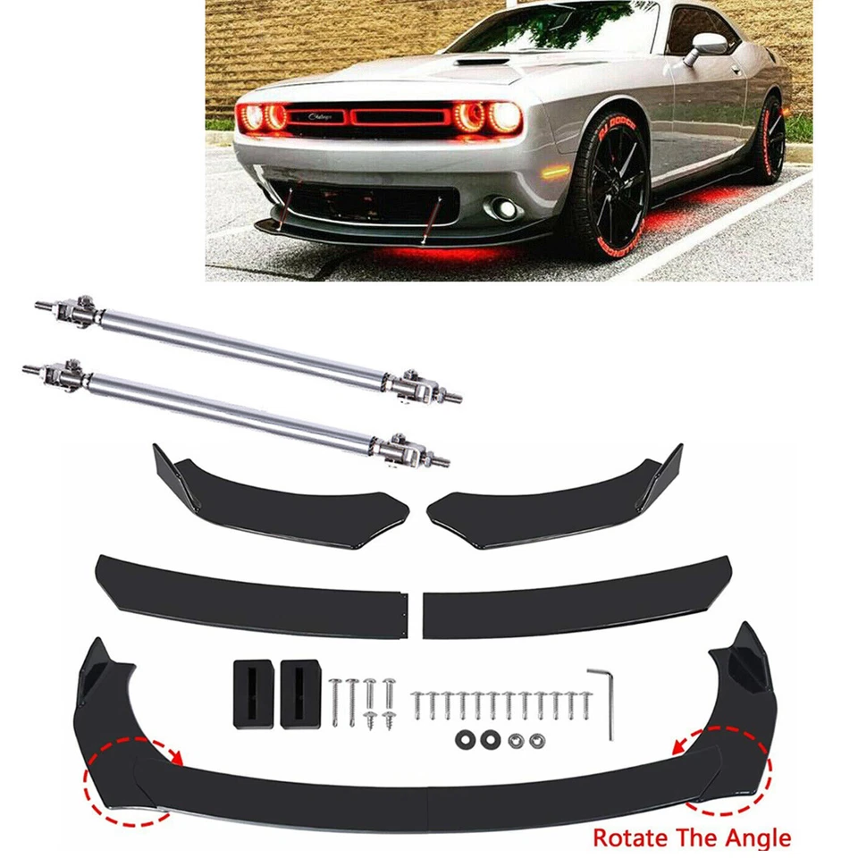 For Dodge Challenger SRT SXT RT Front Bumper Lip Spoiler Splitter w/ Strut Rods - Imagem 1 de 4