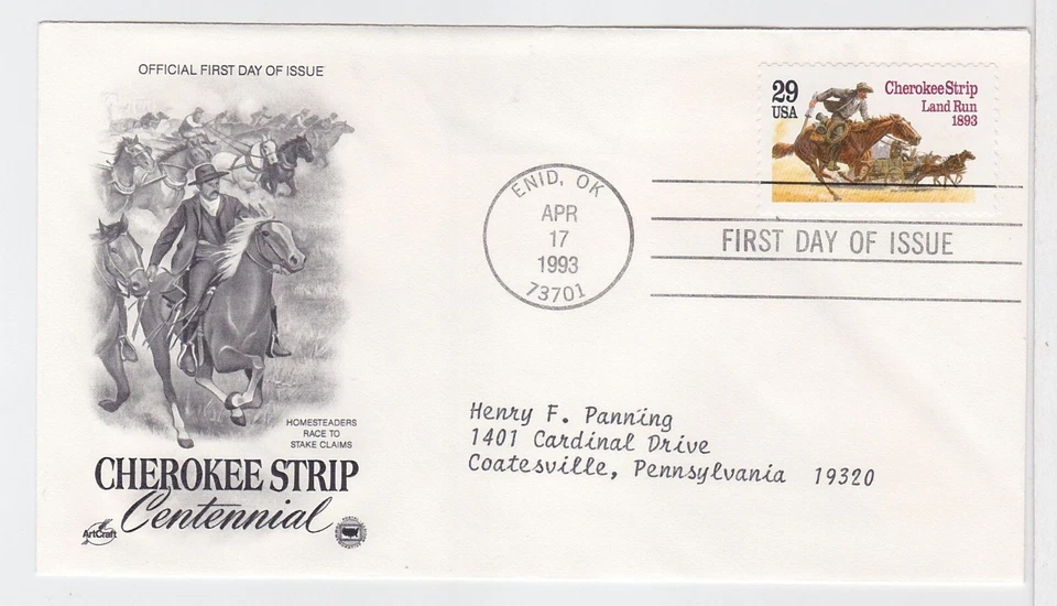 TurtlesTradingPost- Cherokee Strip Centennial - 1993 #2754 FDC- Artcraft Variety - Image 1 of 1