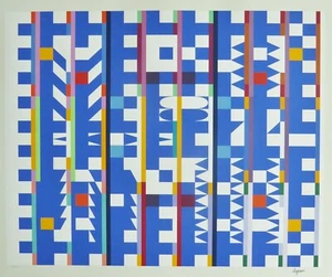YAACOV AGAM MOVEMENT IN BLEU SPACE IV 1984 HAND SIGNED SILKSCREEN OP ART - Picture 1 of 6