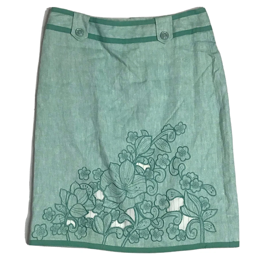 "Falda Context para mujer 2P verde pequeña mezcla de lino recortada bordada forrada 20"" L" Foto 1 de 4