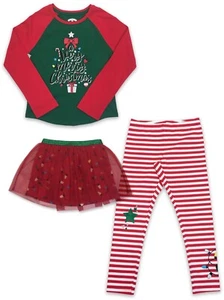 Holiday Time Christmas Tee, Mesh Tutu Skirt & Striped Legging Outfit, XS (4-5) - Foto 1 di 2