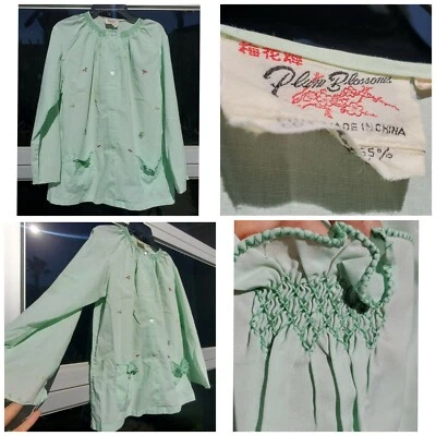 Vintage 50s Embroidered Top Plum Blossoms 38 Mint Green Hippie Handmade Boho 60s - Image 1 of 4