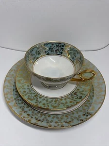 Vintage 3pc Tirschenreuth Bavaria Tea Cup Saucer Cake Plate In Green And Gold - Picture 1 of 7