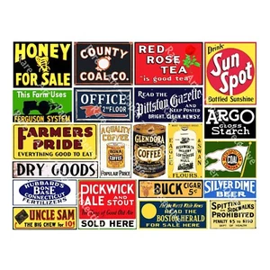 VINTAGE ADVERTISING Sticker Sheet, 21 Reproduction Signs, Dollhouse & Trains - Picture 1 of 1