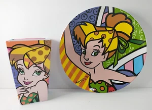 2011 DISNEY Romero Britto TINKER BELL Ceramic Plate & Square Glass Cup Set RARE! - Picture 1 of 14