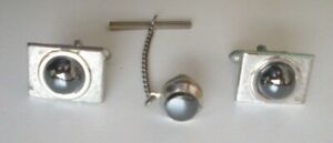 1970s HEMATITE WHITE GOLD PLATED CUFF LINKS TIE TAC TACK PIN SET SILVER TONE