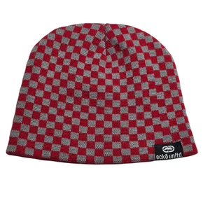Ecko Unlimited Beanie Unisex Adult Red Gray One Size Plaid Hip Hop Casual Knit - Picture 1 of 7