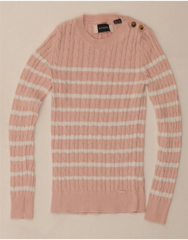 SUPERDRY Womens Crew Neck Jumper Sweater UK 6 XS  Pink Striped Cotton OB05 - Image 1 of 3