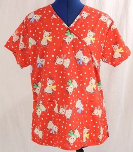 RMF Scrubs Top Womens XS Red Baby Reindeer Christmas Medical Uniform Shirt VTG - Picture 1 of 9