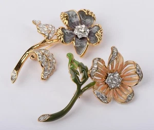 Nolan Miller Signed Enamel & Rhinestone Flower Brooches Pins (Set of 2) - Picture 1 of 10
