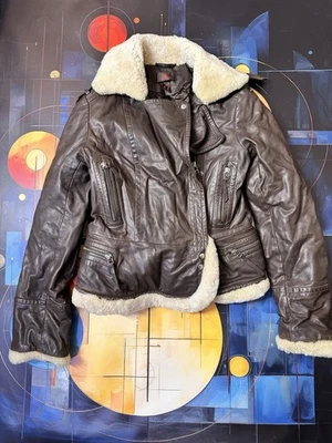 Chaqueta de aviador DANIER para mujer marrón de cuero genuino cuello de oveja ribete S/P Foto 1 de 4