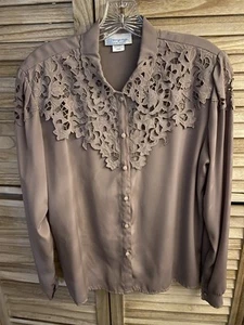 Blusa Mapsay Vintage Talla L Manga Larga Marrón Abotonada Encaje Secretaria - Imagen 1 de 6