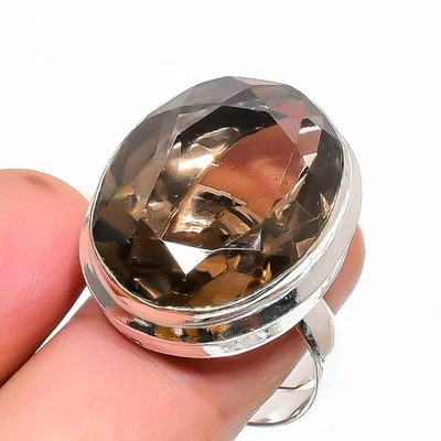 Faceted Smoky Quartz Gemstone Ethnic 925 Sterling Silver Oval Adjustable Ring O1 - Image 1 of 4