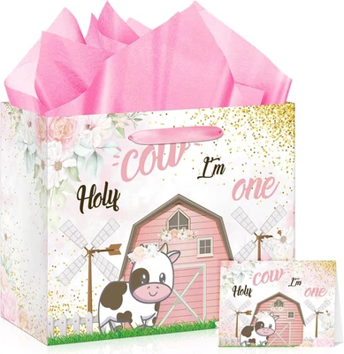 Holy Cow I'M One Pink Cow 1St Birthday Gift Bags & Wrapping Paper Set with Greet - Image 1 of 4