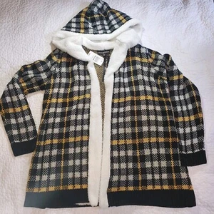 NWT Almost Famous Hooded Cardigan Women MED. Buffalo Plaid Black Yellow White  - Picture 1 of 5