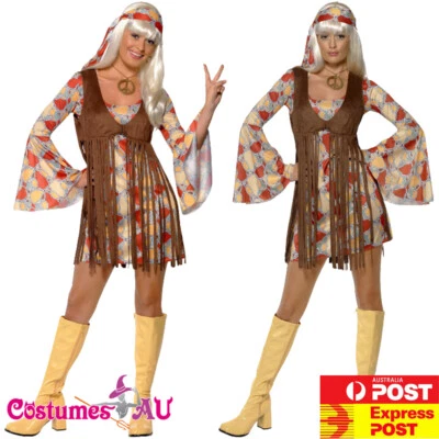 Ladies 60s Groovy Baby Costume Hippy Hippie Flower Power Retro 1960s Fancy Dress - Image 1 of 4