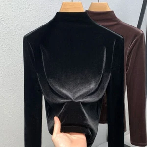 Women Faux Velvet Shirts Tops Blouse Basic Slim Turtle Neck Casual Winter Tops - Picture 1 of 10