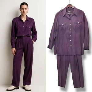 Vtg 90s Rafaella 100% Silk Purple Shirt & Pants Set Sz 10/12 Minimalist Classic - Picture 1 of 7