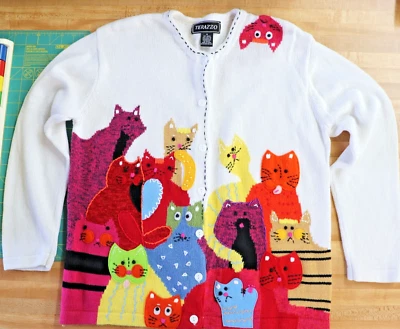 Cárdigan Suéter Terazzo Blanco Talla M Gatos Colorido Patchwork Bordado Foto 1 de 4