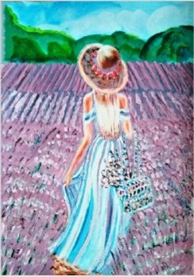 Meadow landscape Girl on a lavender field, original Landscape 100% Painting 11x8 - Image 1 of 3