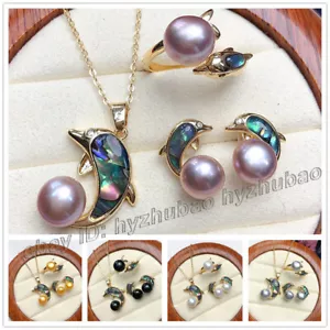 Conjunto de aretes naturales AAA+ con incrustaciones de perlas con concha de abulón + anillo + collar colgante - Imagen 1 de 13