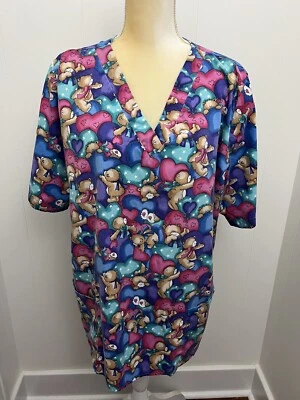 Scrubs Only Women's Size XL Balloon Hearts Teddy Bears Scrub Medical Vet Top - Image 1 of 4