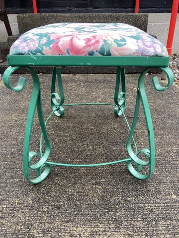 Vintage Iron Scrolled Bench Italian Spanish Painted Upholstered Floral Stool Cover