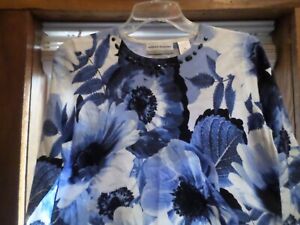 Ladies Size Petite Medium Alfred Dunner Blue Floral Embellished Rayon Nylon Top