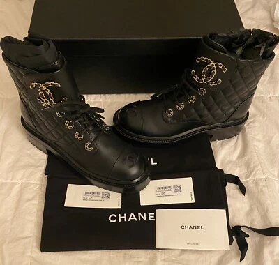 Chanel Combat Botas con Cordones Cuero Acolchado Tono Dorado Logo CC Talla 36.5 Nuevas 🖤 Foto 1 de 4