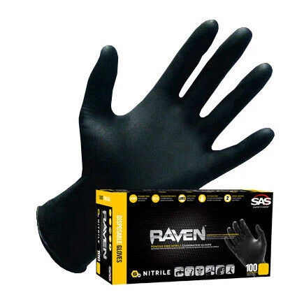 SAS Safety 66518 Raven Nitrile 6 Mil Large Disposable Gloves, Black - 100 Count