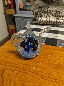 Vintage 1987 Gibson Art Glass Cobalt Blue Flowers Teapot Paperweight - Picture 1 of 6