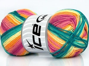 LOT OF 4 Ice BISCUIT Yarn #77497 GREEN GOLD & PINK SHADES Fine Micro Acrylic - Picture 1 of 4