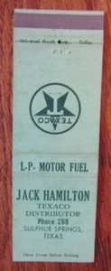TEXACO GAS STATION MATCHBOOK: JACK HAMILTON (SULPHUR SPRINGS, TEXAS) (1950s) F24 - Picture 1 of 1