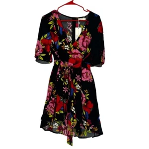 KorMei Women’s Short Sleeve Belted Floral V-Neck Faux Wrap Romper Black Size L - Picture 1 of 12