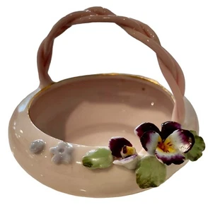 1950s Lady Ash Tray Pink Pansies Porcelain Basket Style Gold Rim Trinket Dish - Picture 1 of 10