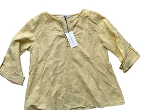 Terzo Millennio NWT Yellow  Roll Tab Sleeve linen cotton top Italy Sz L Bin-K - Picture 1 of 4