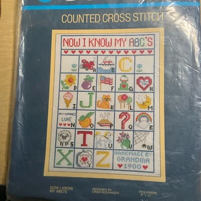 SUNSET Counted Cross Stitch Kit NOW I KNOW MY ABC “OPENED” - Image 1 of 4