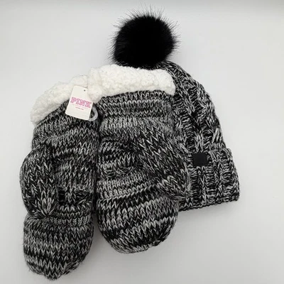 Chapéu e luvas Victoria’s Secret malha rosa gorro pom forrado Sherpa pacote novo com etiquetas - Imagem 1 de 4