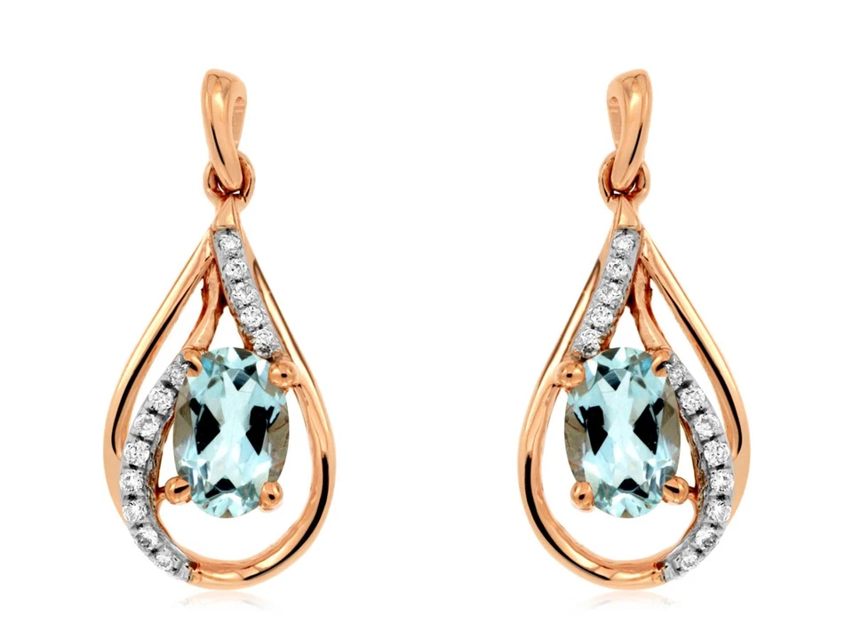 Pendientes de oro rosa de 14k con detalles ovalados de aguamarina y diamantes, 2,35 g Foto 1 de 1