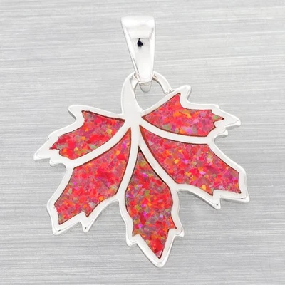 Maple Leaf Red Fire Opal Silver Jewelry Necklace Pendant - Image 1 of 4