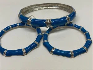 Fashion Bamboo Silver Tone Enamel Blue 2 1/2" Wide Bracelet & Hoop Earrings Set - Picture 1 of 7