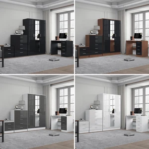 REFLECT Gloss 4pc Set - 3 Door Mirrored Wardrobe + 5 Draw Chest + Bedside + Desk - Picture 1 of 53