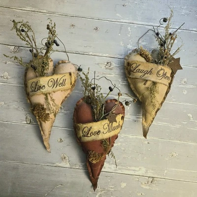 Lot of 3 Primitive Valentine Hearts Decor - Live Well, Love Much, Laugh Often - Image 1 of 4