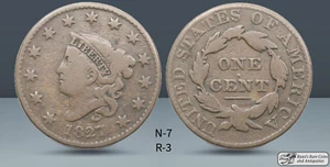 1827 Coronet Head Large Cent, N-7, R-3, Very Good+ Condition, Free Ship, C7484 - Picture 1 of 1