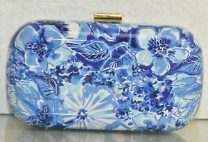 NEW Lilly Pulitzer Blue Clutch Coastal Catch n Keep Bag Gold Chain White 